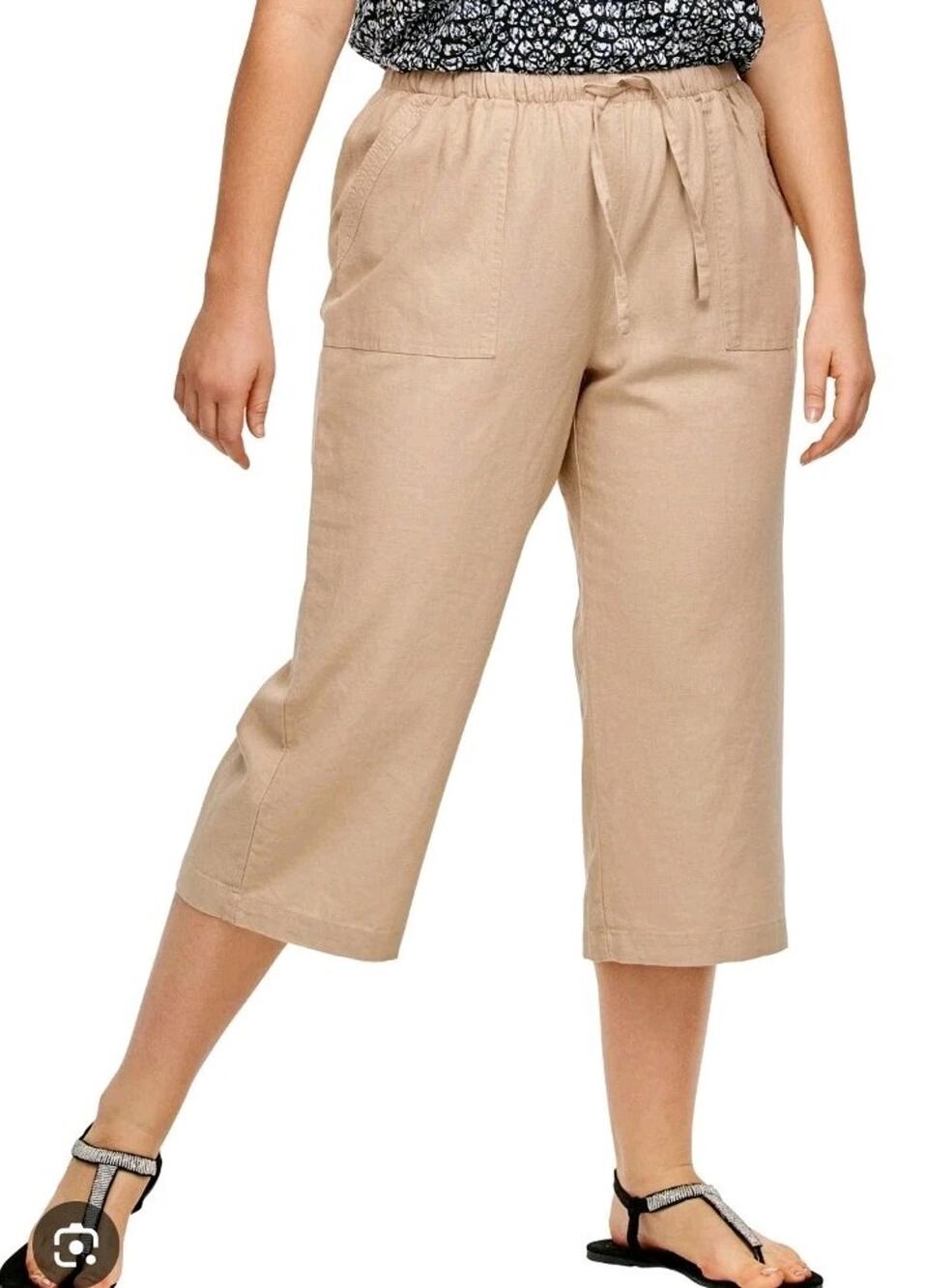 Ellos Linen Blend Drawstring Pull On Capri Pants Women Sz 12 Tan